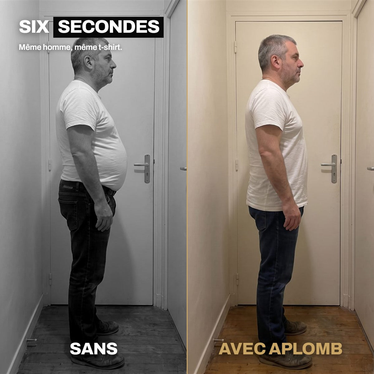 Avant / après : même homme, même t-shirt, six secondes d'écart