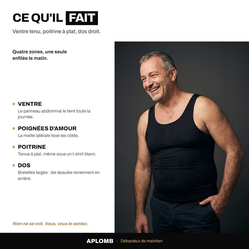 Ce qu'il fait : ventre, poignées d'amour, poitrine, dos