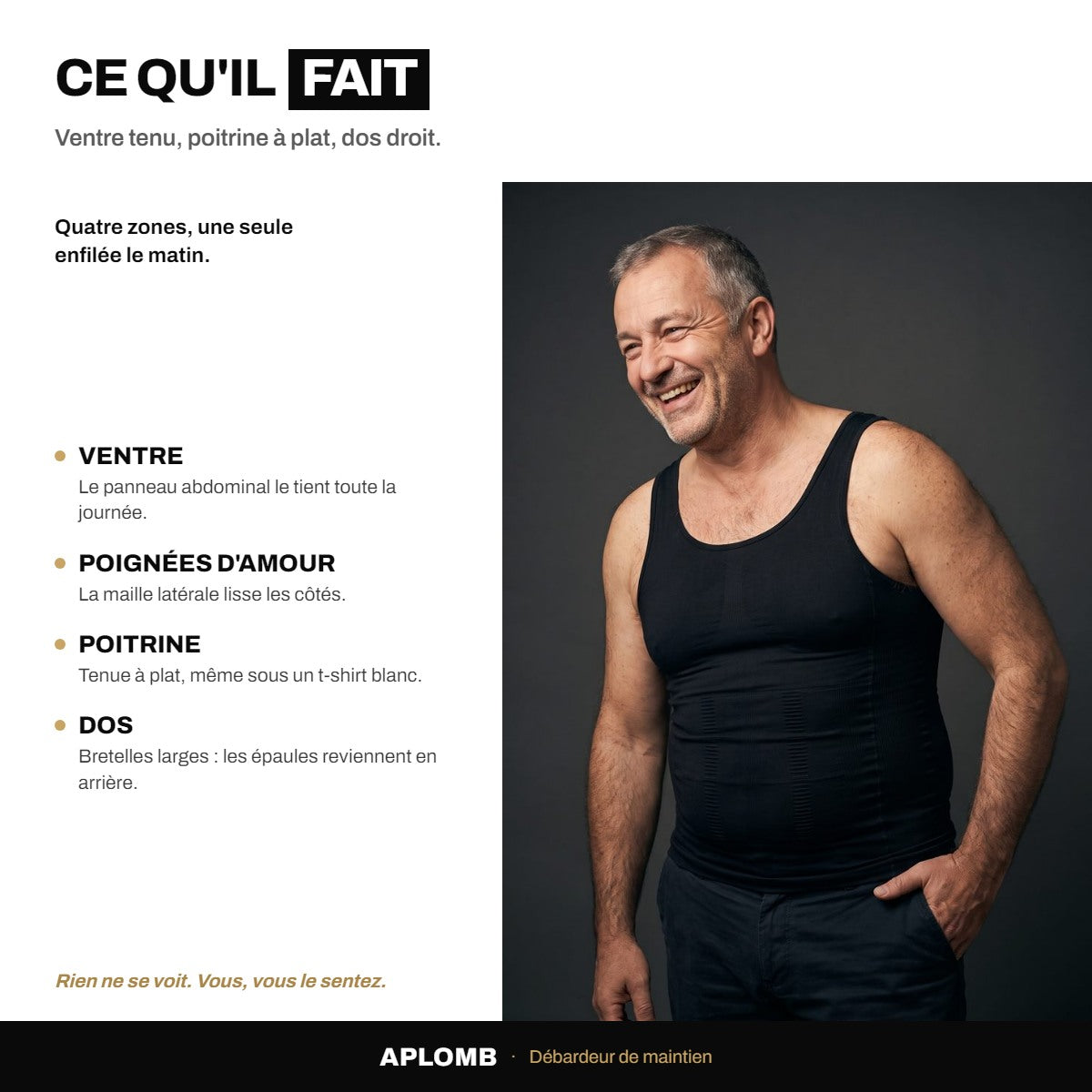 Ce qu'il fait : ventre, poignées d'amour, poitrine, dos